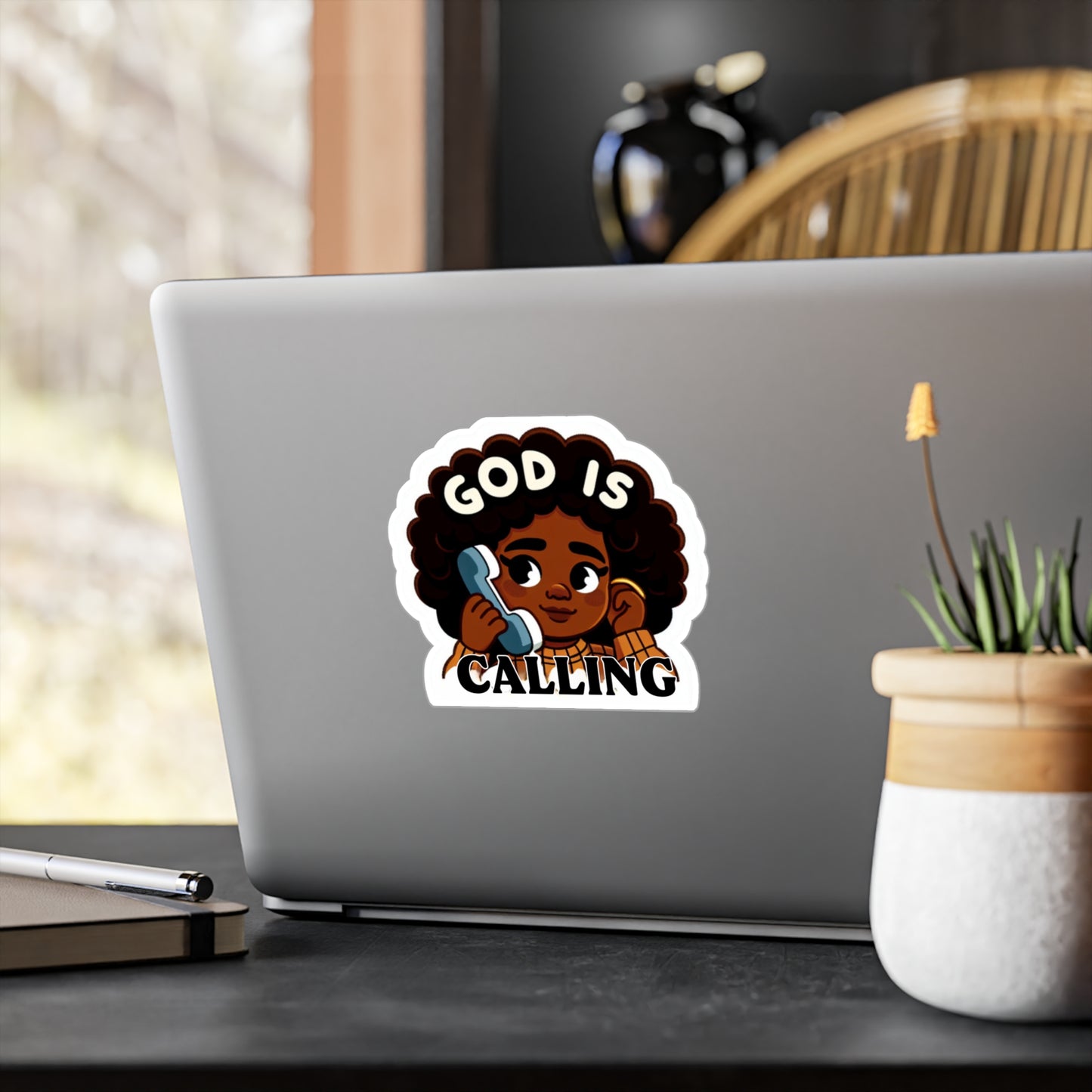 God Is Calling| Vinyl Sticker| Faith Based Stickers| 3x4| 6x8| transparent background| cute brown girl sticker